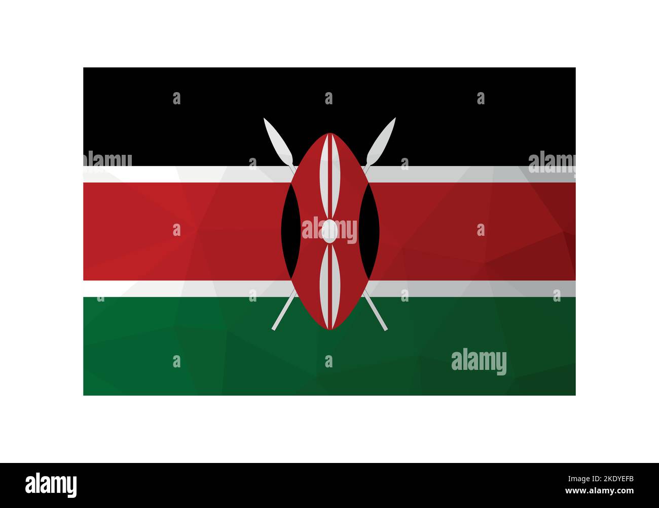 Illustrazione vettoriale. Firma ufficiale del Kenya. Bandiera nazionale strisce nere, rosse, verdi. Design creativo in stile poly basso con forme triangolari. Grad Illustrazione Vettoriale