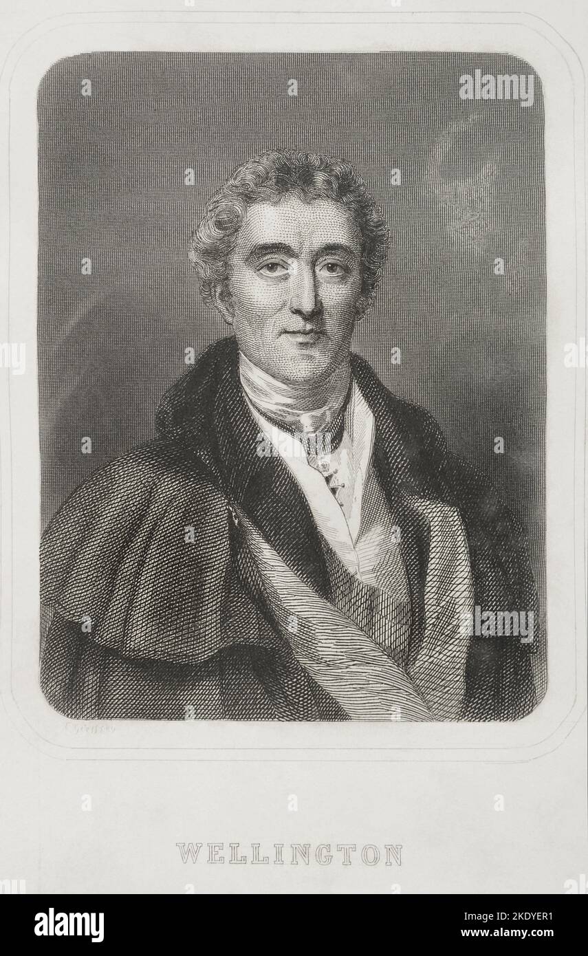 Arthur Colley Wellesley, 1st Duca di Wellington (1769-1852). Generale e politico britannico. Durante la Guerra Peninsulare guidò le truppe britanniche che combattevano in Spagna contro Napoleone. Verticale. Incisione di Geoffroy. 'Historia Universal', di César Cantú. Volume VI. 1857. Foto Stock