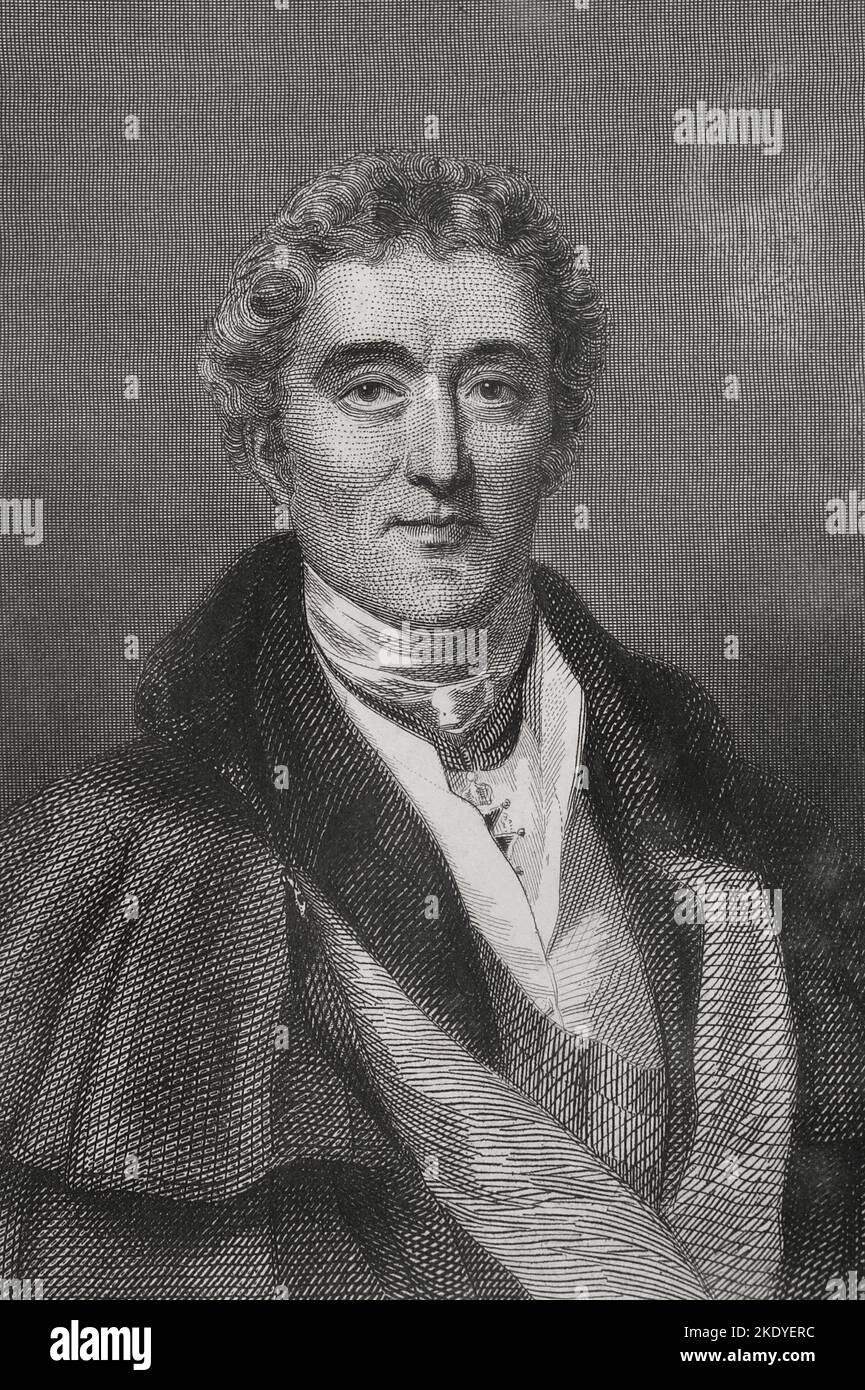 Arthur Colley Wellesley, 1st Duca di Wellington (1769-1852). Generale e politico britannico. Durante la Guerra Peninsulare guidò le truppe britanniche che combattevano in Spagna contro Napoleone. Verticale. Incisione di Geoffroy. 'Historia Universal', di César Cantú. Volume VI. 1857. Foto Stock