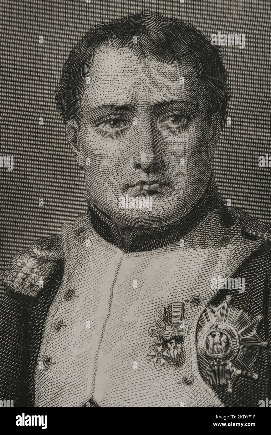 Napoleone Bonaparte (1769-1821). Leader militare e politico francese. Come Napoleone i, fu imperatore di Francia (1804-1815). Verticale. Incisione di Geoffroy. 'Historia Universal', di César Cantú. Volume VI. 1857. Foto Stock