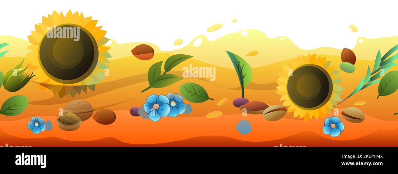 Olive naturali, frutta di pietra, olio vegetale che scorre flusso. Noci estratte, semi di pianta. Cibo naturale ecologico. Prodotto per uno stile di vita sano Illustrazione Vettoriale