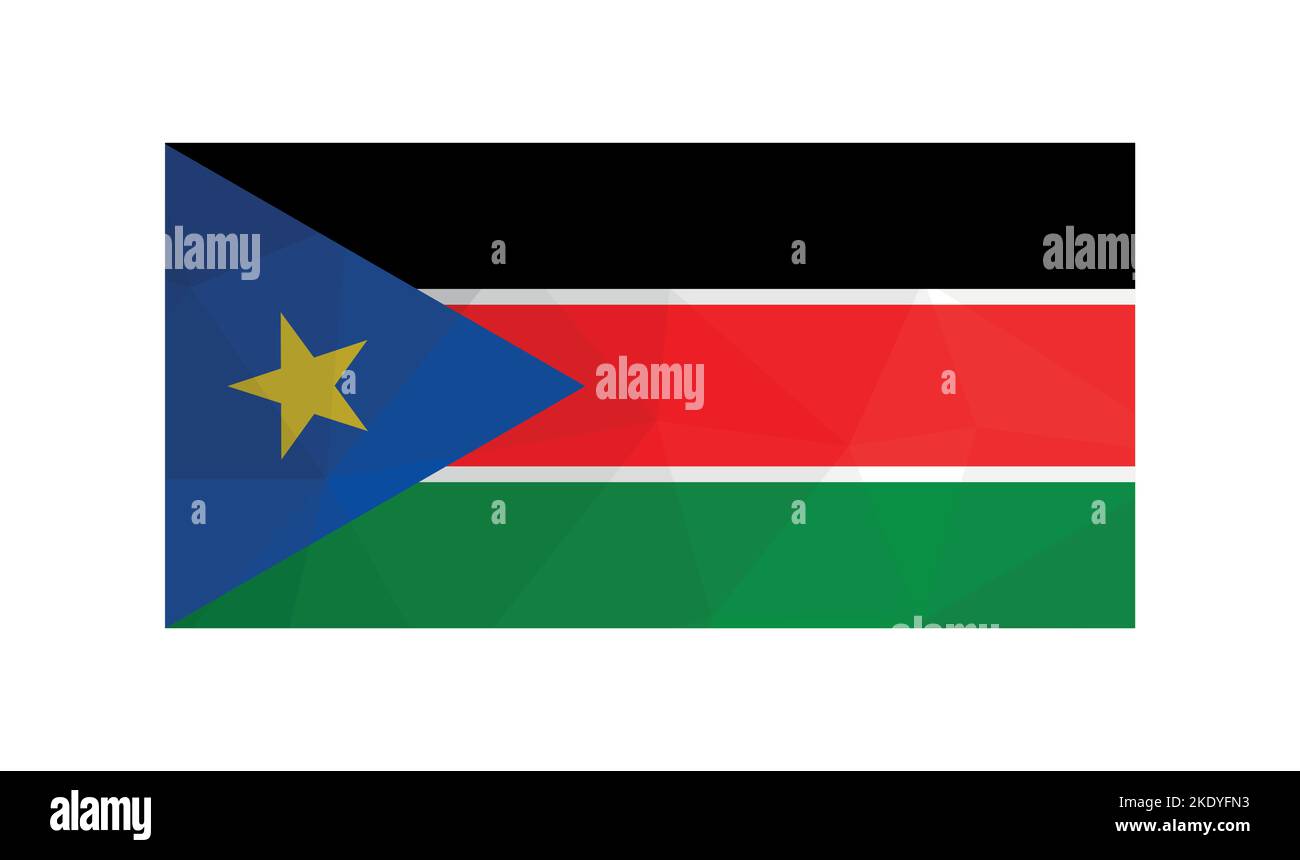 Illustrazione vettoriale. Simbolo ufficiale del Sudan del Sud. Bandiera nazionale colorata icon stella gialla. Design creativo in stile poly basso con forma triangolare Illustrazione Vettoriale