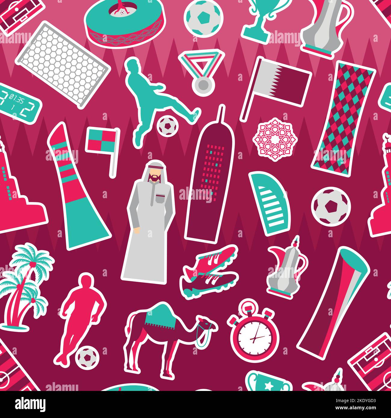 Qatar. Giornata nazionale. Calcio a tema. Fodera in tessuto senza cuciture tendenza piatta desig sul rosso. Illustrazione Vettoriale