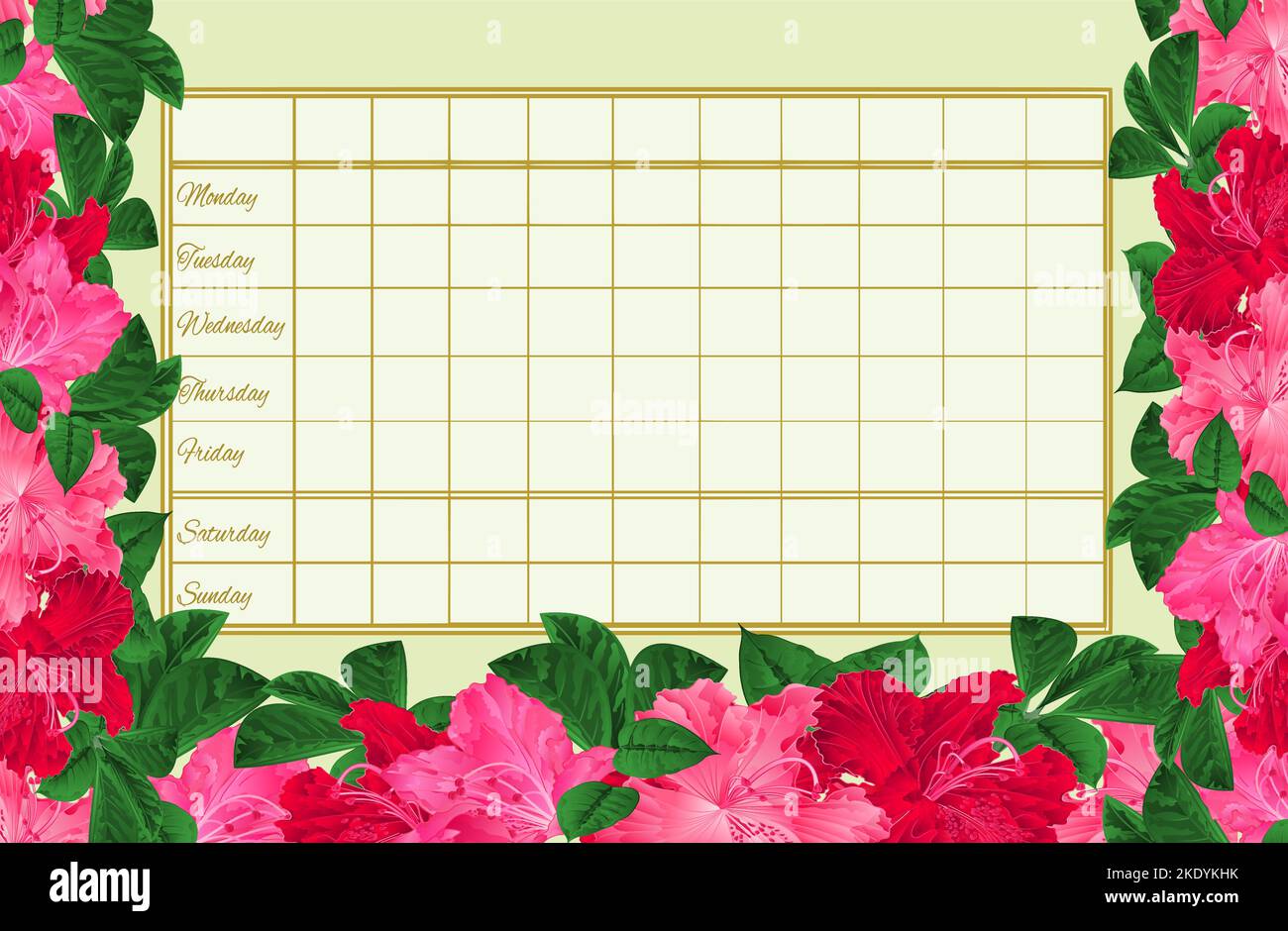 Calendario settimanale con fioritura rosa e fiori rossi rododendri vintage vettore illustrazione modificabile mano disegno Illustrazione Vettoriale