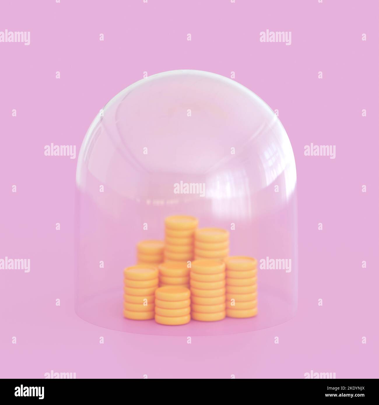 3d monete impilate sotto il coperchio di vetro. Assicurazione, risparmio di denaro, protezione e concetto bancario. Rendering 3D realistico di alta qualità Foto Stock
