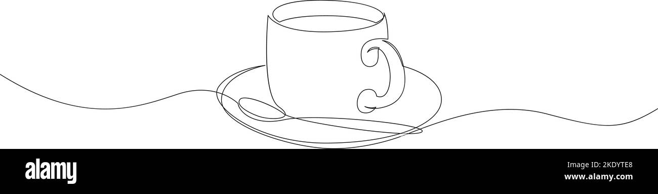 Disegno a linea continua della tazza di caffè con piatto e cucchiaio. Illustrazione vettoriale Illustrazione Vettoriale