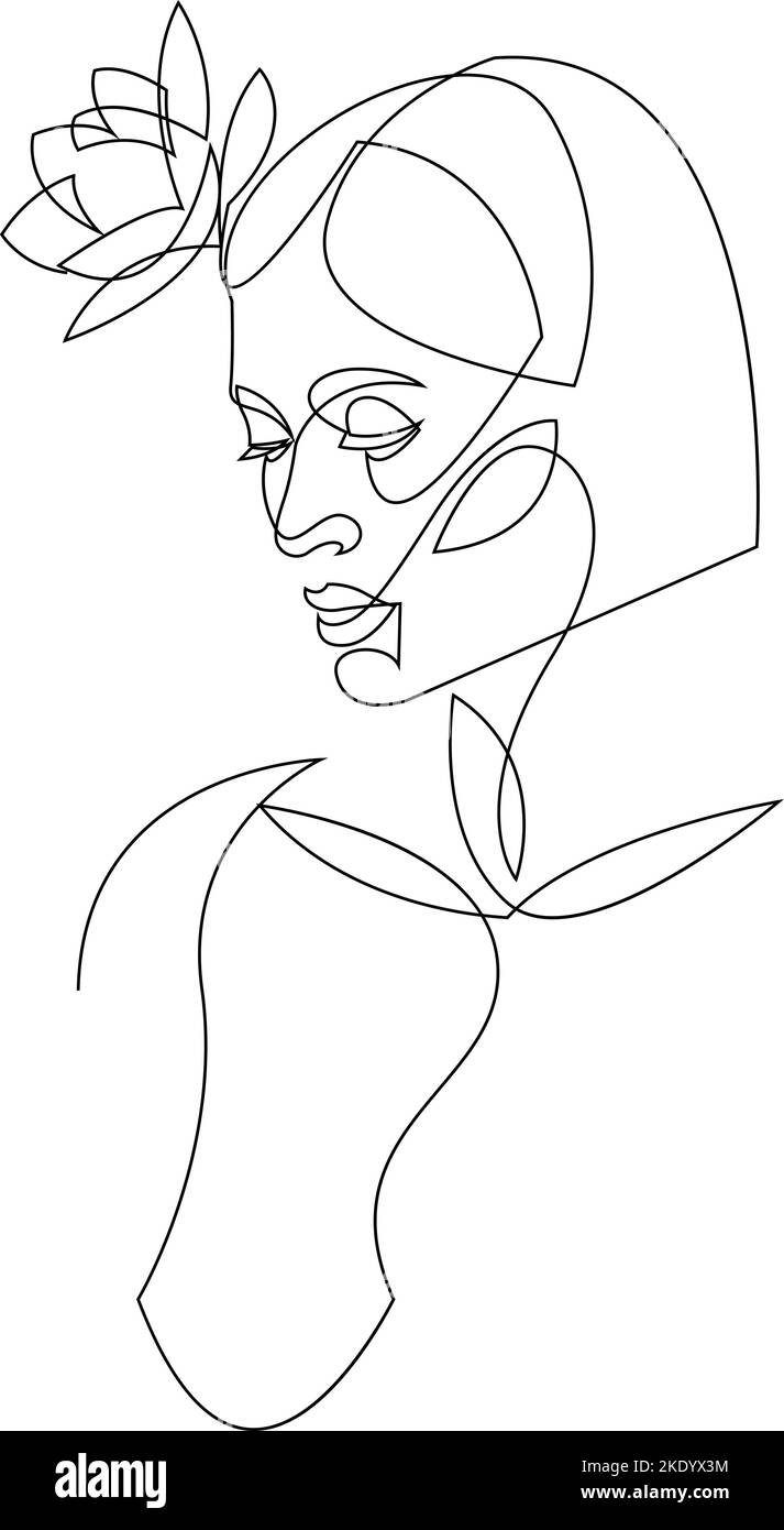 Linea donna arte logo minimalista. Natura cosmetica biologica trucco. Disegno a linee con illustrazione femminile della testa del fiore. Donna faccia con fiori linea Illustrazione Vettoriale