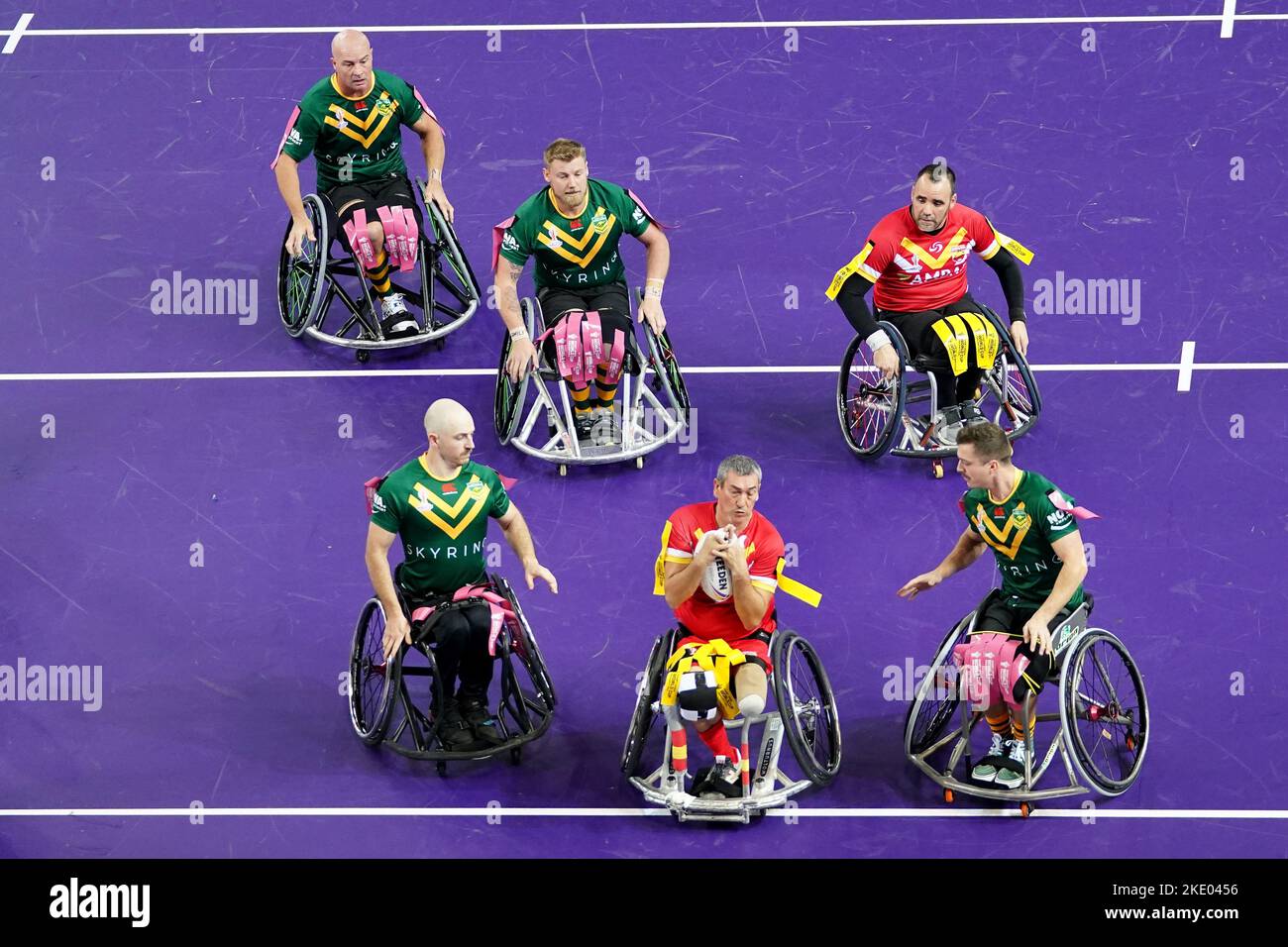 Una visione generale del gioco durante la Wheelchair Rugby League World Cup Group Una partita alla Copper Box Arena, Londra. Data immagine: Mercoledì 9 novembre 2022. Foto Stock