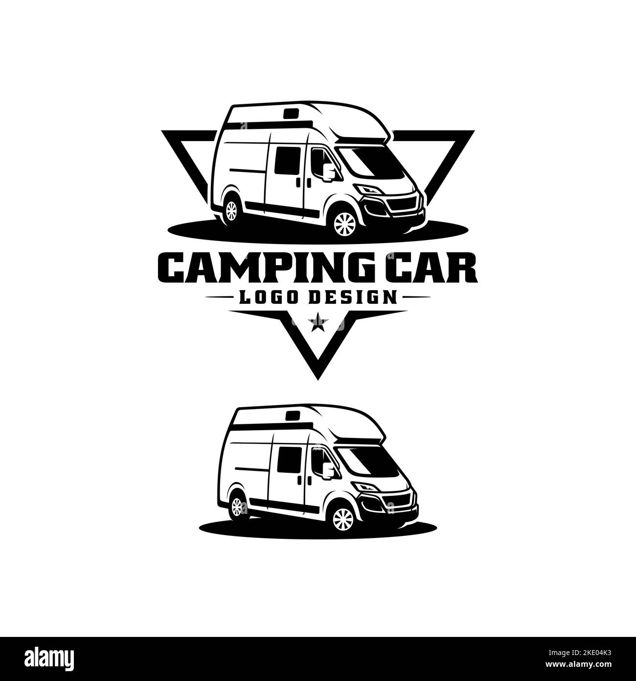 Un logo Fiat Ducato in un triangolo rovesciato e con il testo modificabile 'Camping car', un altro modello sul fondo Illustrazione Vettoriale