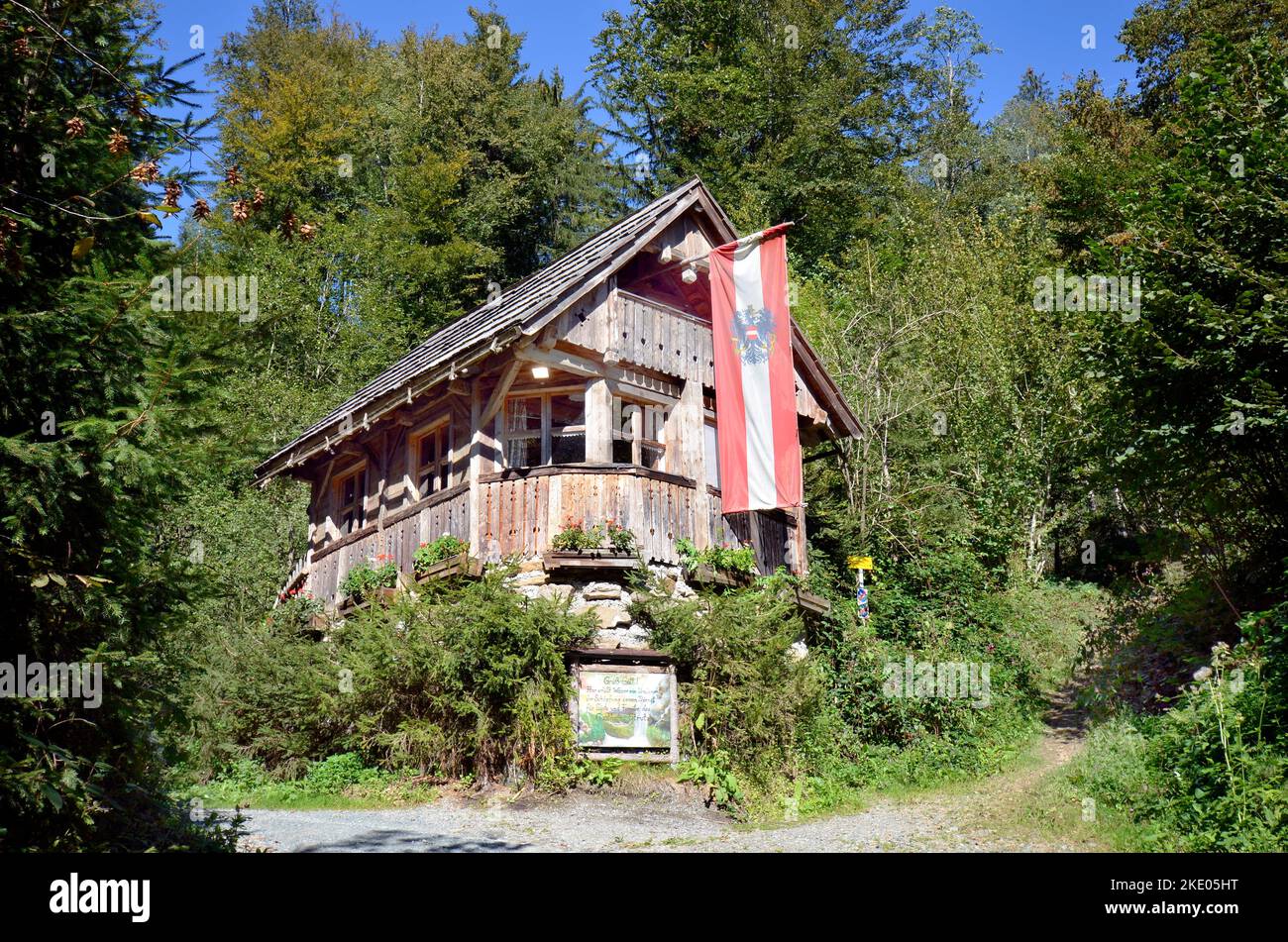 L'Austria, capanna di legno con tetto in legno e bandiera nazionale dell'Austria dal cosiddetto Strutz-Mill, un vecchio mulino ad acqua in Stiria, è stato anche un vincitore in un Foto Stock