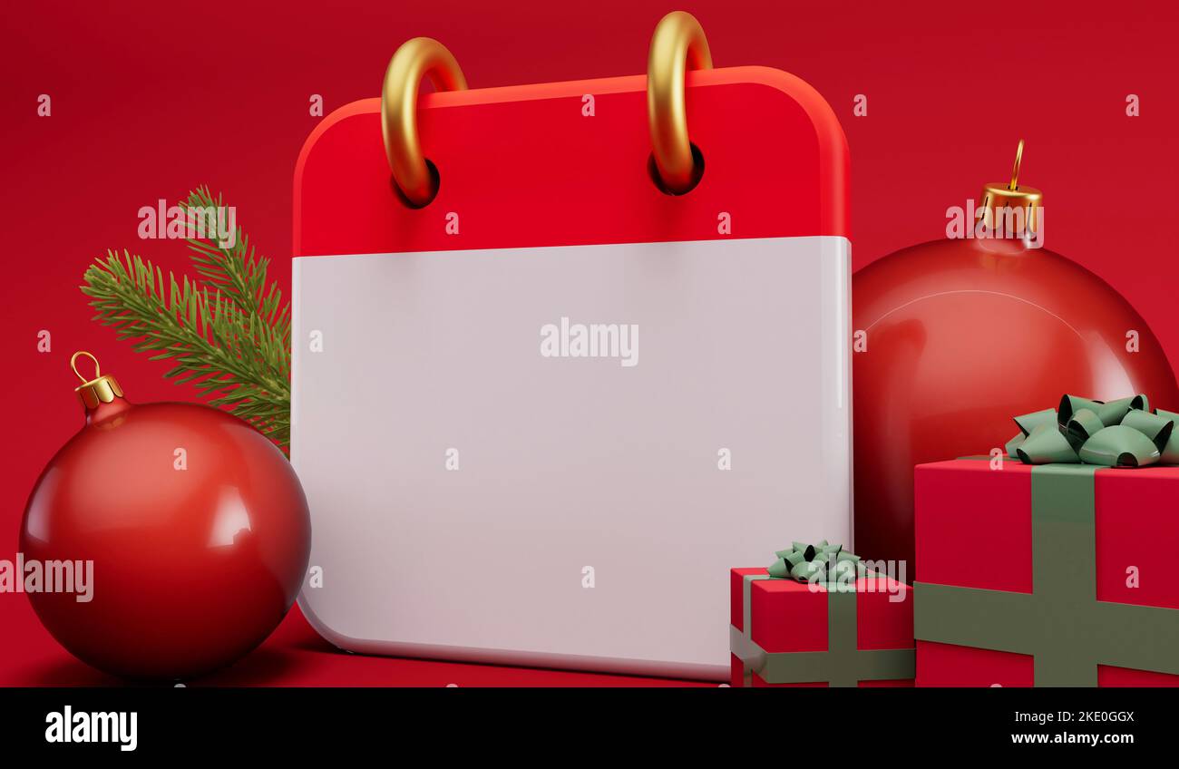 Calendario festivo pagina vuota. Calendario dell'Avvento con decorazioni natalizie. Rendering 3D Foto Stock