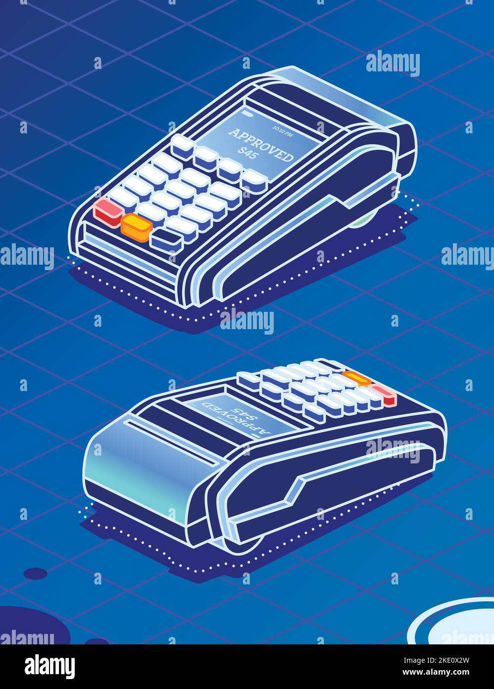 Terminale POS isometrico su sfondo blu. Macchina di pagamento. Pagamento NFC senza contatto sicuro. Illustrazione vettoriale. Cassiere online. Illustrazione Vettoriale