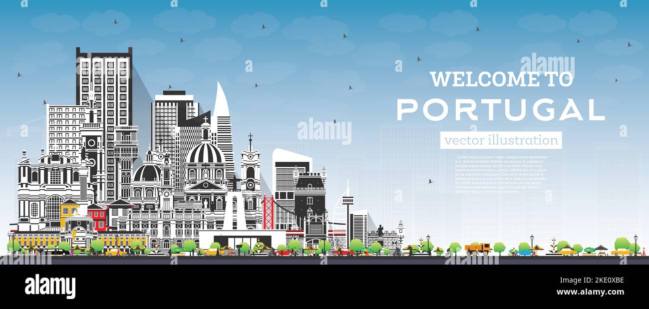 Benvenuti in Portogallo. City Skyline con edifici Gray e Blue Sky. Illustrazione vettoriale. Concetto con architettura moderna e storica. Illustrazione Vettoriale