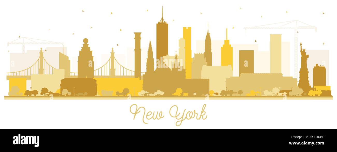 New York USA City Skyline Silhouette con edifici dorati isolati su White. Illustrazione vettoriale. Il paesaggio urbano di New York con i suoi punti di riferimento. Illustrazione Vettoriale