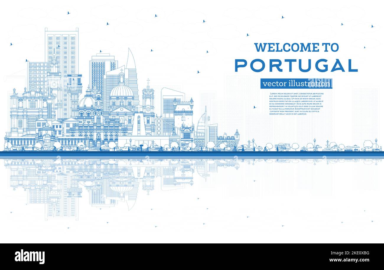 Benvenuti in Portogallo. Delineate lo skyline della città con edifici blu e riflessi. Illustrazione vettoriale. Concetto con architettura moderna e storica. Illustrazione Vettoriale