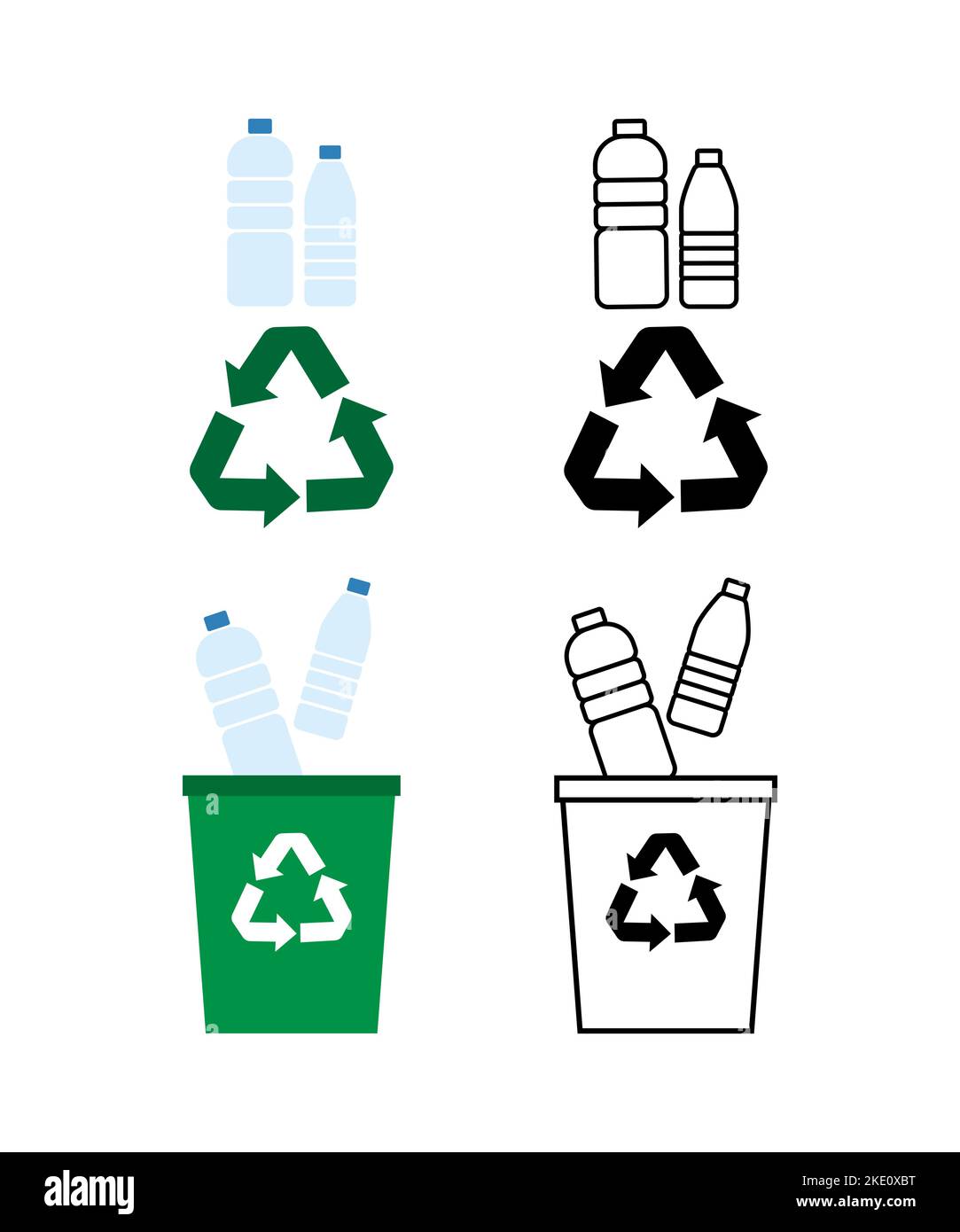 Set di icone di riciclo plastica, illustrazione vettoriale. Bottiglie di plastica e cestino. Illustrazione Vettoriale