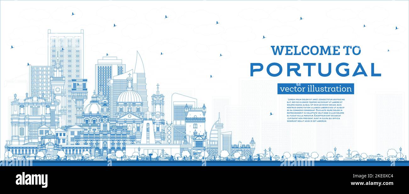 Benvenuti in Portogallo. Delineate lo skyline della città con edifici blu. Illustrazione vettoriale. Concetto con architettura moderna e storica. Paesaggio urbano del Portogallo Illustrazione Vettoriale