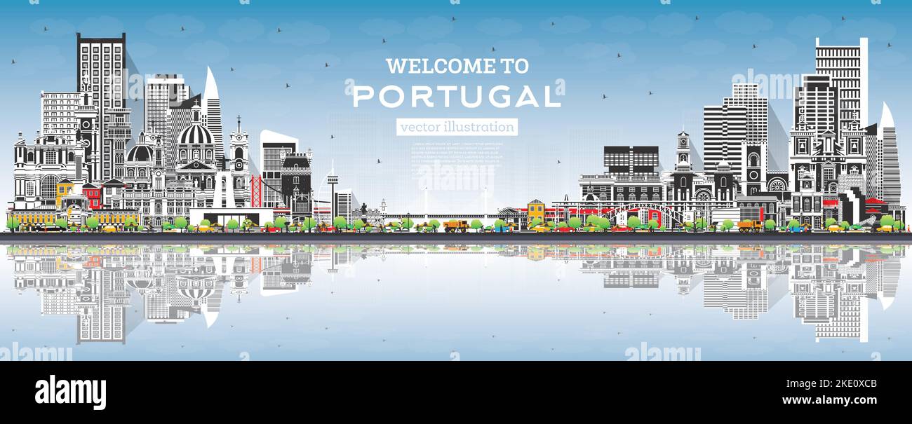 Benvenuti in Portogallo. Skyline della città con edifici grigi, cielo blu e riflessi. Illustrazione vettoriale. Architettura moderna e storica. Illustrazione Vettoriale