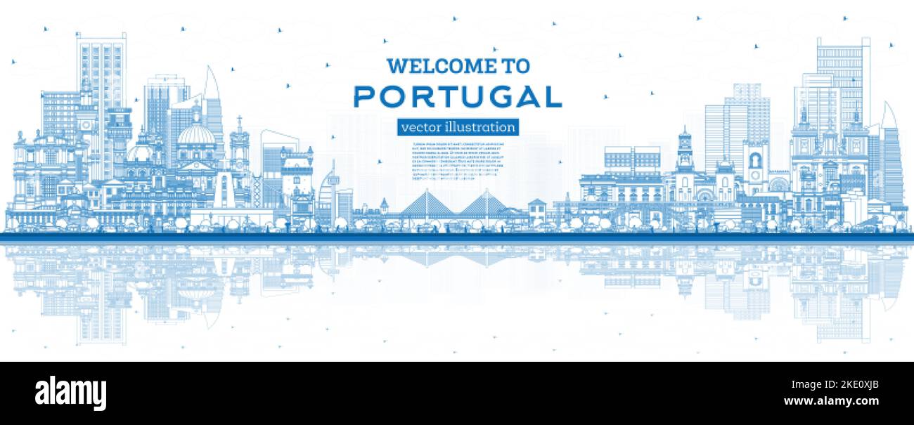 Benvenuti in Portogallo. Delineate lo skyline della città con edifici blu e riflessi. Illustrazione vettoriale. Concetto con architettura moderna e storica. Illustrazione Vettoriale