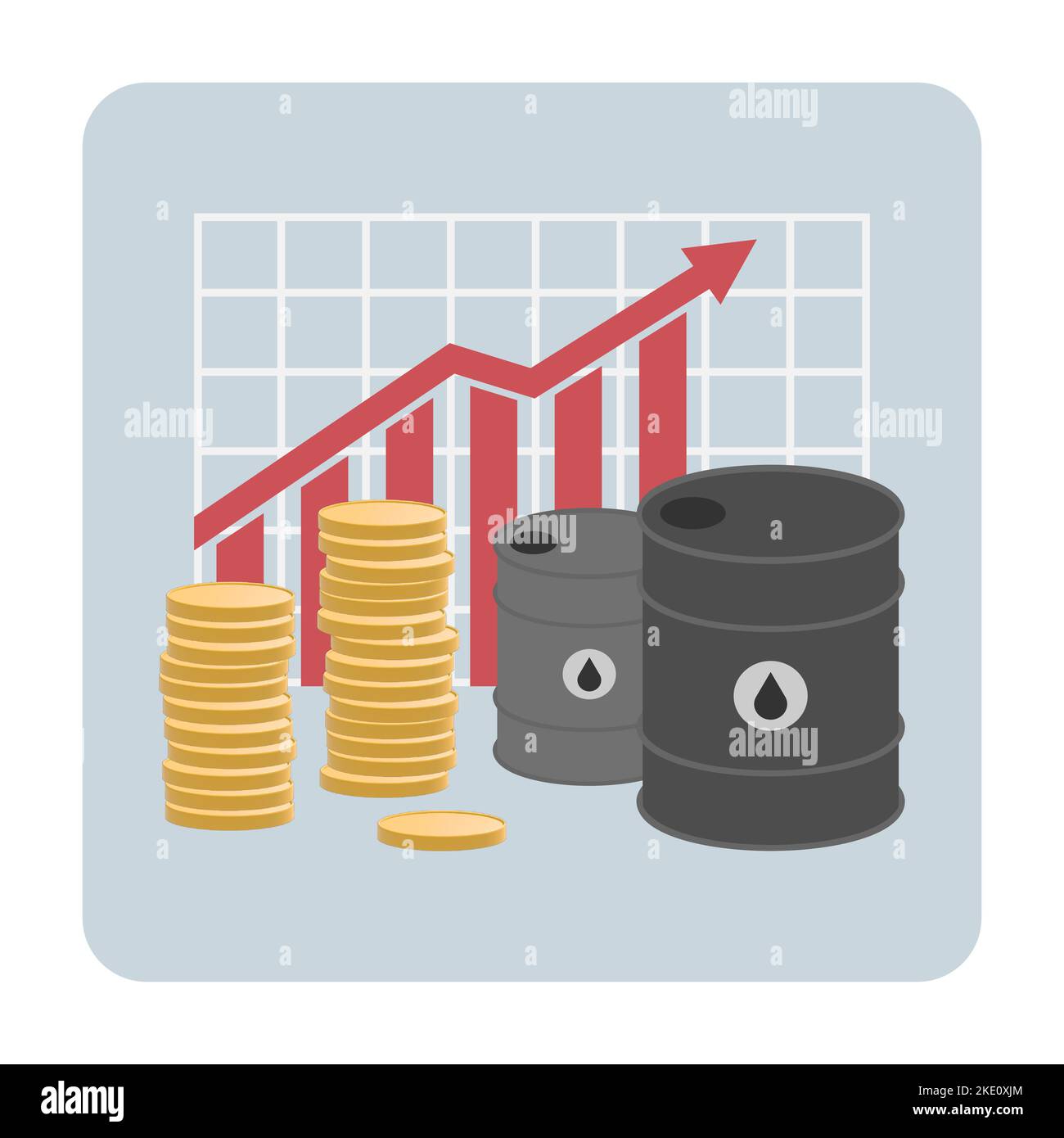 L’aumento dei prezzi del petrolio infografica. Illustrazione con barili di petrolio, monete e grafico a freccia. Illustrazione Vettoriale