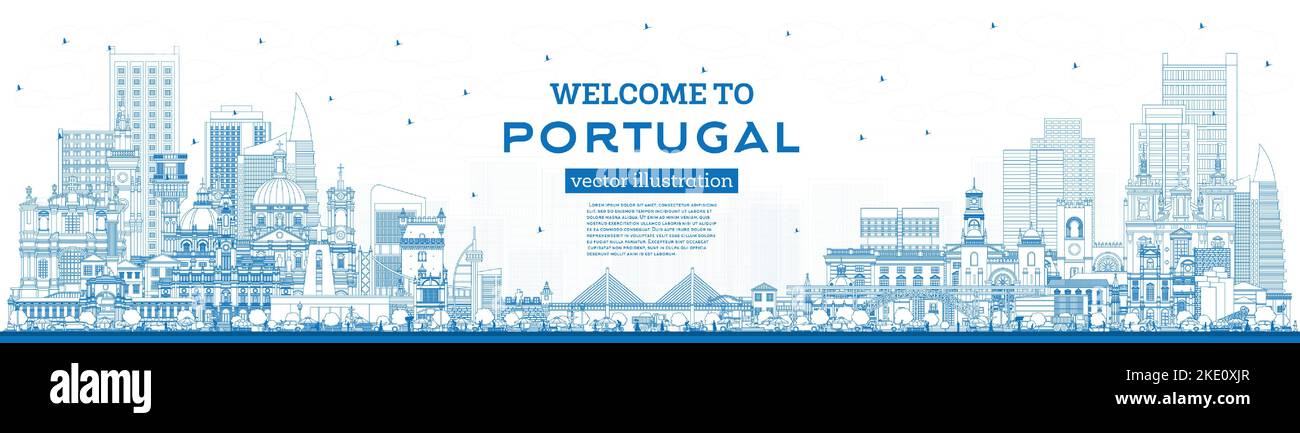 Benvenuti in Portogallo. Delineate lo skyline della città con edifici blu. Illustrazione vettoriale. Concetto con architettura moderna e storica. Paesaggio urbano del Portogallo Illustrazione Vettoriale