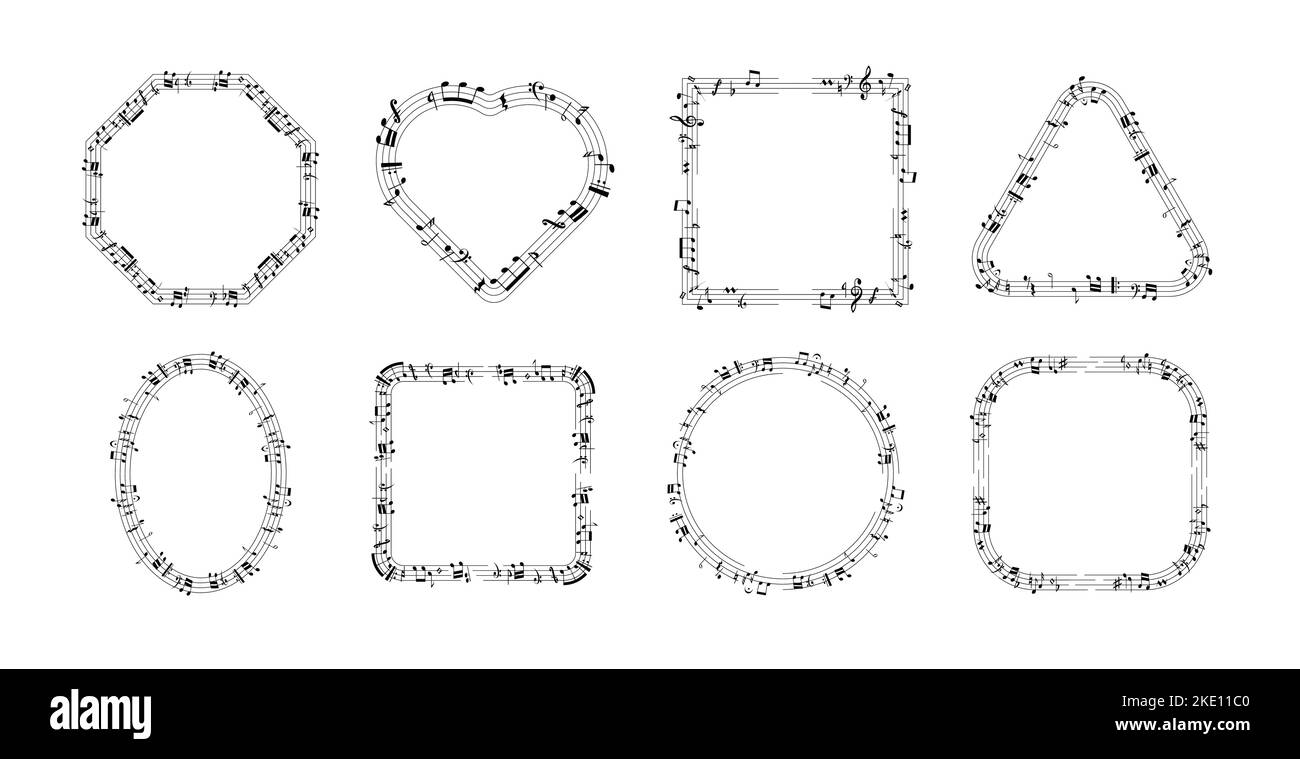 Cornice per note musicali. La notazione musicale bordi strisce composizione artistica astratta, compositore musicista nero segno chiave onde stile piatto. Illustrazione di una raccolta di musica con isolamento vettoriale Illustrazione Vettoriale