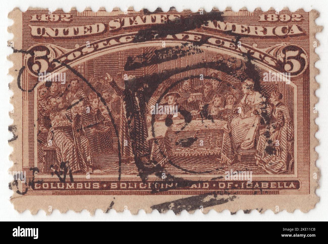 USA - 1893: Un francobollo al cioccolato da 5 centesimi raffigurante la scena Columbus che sollecita aiuti da Isabella, questione colombiana. L'esposizione Mondiale colombiana del 1893 ha commemorato il 400th° anniversario dello sbarco di Cristoforo Colombo nelle Americhe. I francobolli erano interessanti e attraenti, progettati per fare appello non solo ai collezionisti di francobolli, ma anche agli storici, agli artisti e naturalmente al pubblico generale che li ha acquistati in numeri da record a causa del fanfare dell'esposizione colombiana della World's Fair del 1892 a Chicago, Illinois Foto Stock