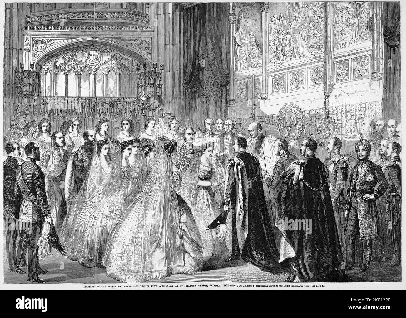 Matrimonio di Alberto Edoardo, Principe di Galles, e la principessa Alexandra alla Cappella di San Giorgio, Castello di Windsor, Inghilterra, 10th marzo 1863. Illustrazione del 19th° secolo dal quotidiano illustrato di Frank Leslie Foto Stock