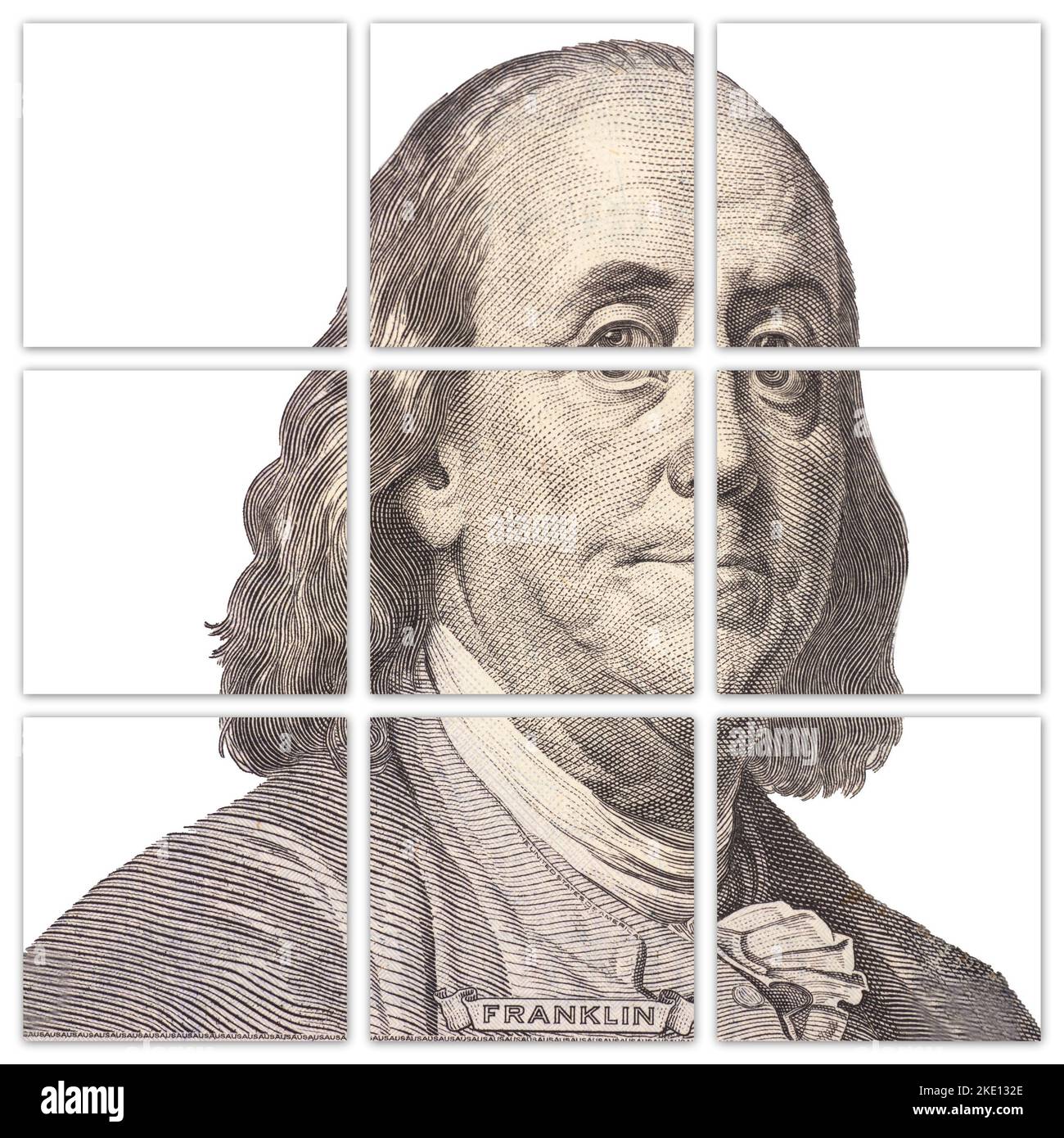 Bandiera con ritratto del presidente degli Stati Uniti Benjamin Franklin. Foto Stock