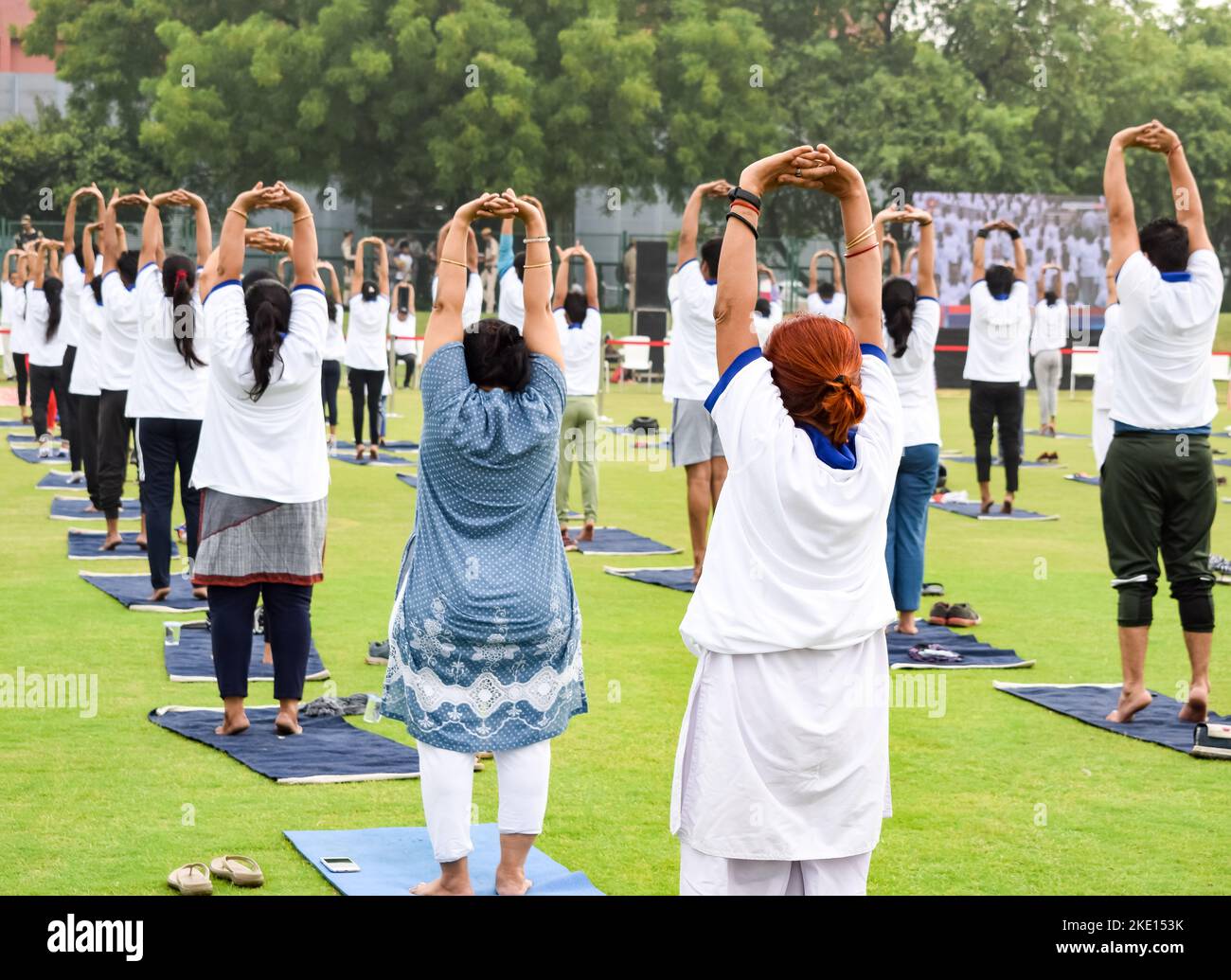 Sessione di esercizi di Group Yoga per persone di diverse età allo stadio di cricket a Delhi in occasione della Giornata Internazionale di Yoga, un grande gruppo di adulti che frequentano Yo Foto Stock