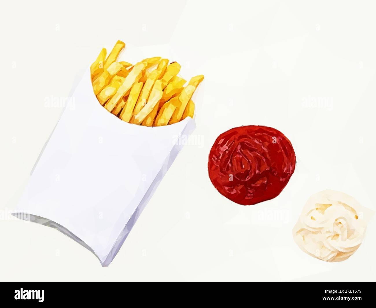 patatine fritte in scatola di carta con ketchup e maionese. Vettore in stile Poly basso. Illustrazione Vettoriale