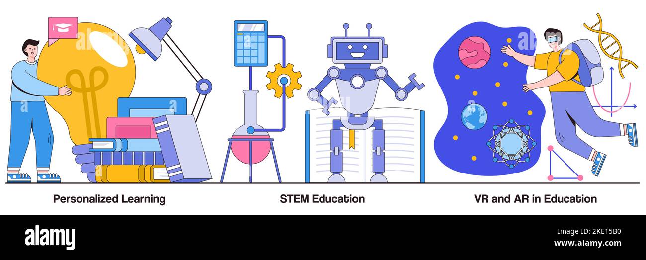 Apprendimento personalizzato, istruzione STEM, realtà virtuale e realtà aumentata nei concetti di istruzione con personaggi. Programma di studio personale, sistema accademico, futuristico Illustrazione Vettoriale