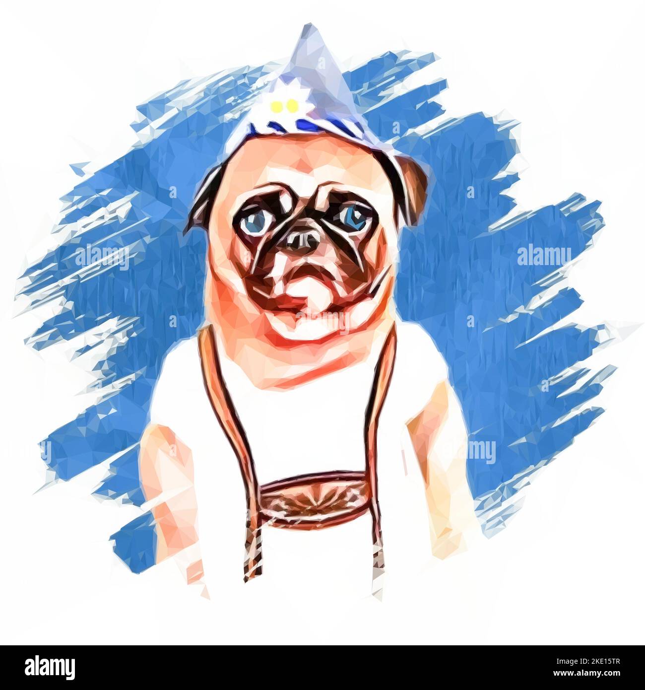 Cucciolo di cane PUG con abbigliamento bavarese. Pantaloni in pelle e camicia bianca. Mascot per l'Oktoberfest. Illustrazione vettoriale in stile poli basso. Illustrazione Vettoriale