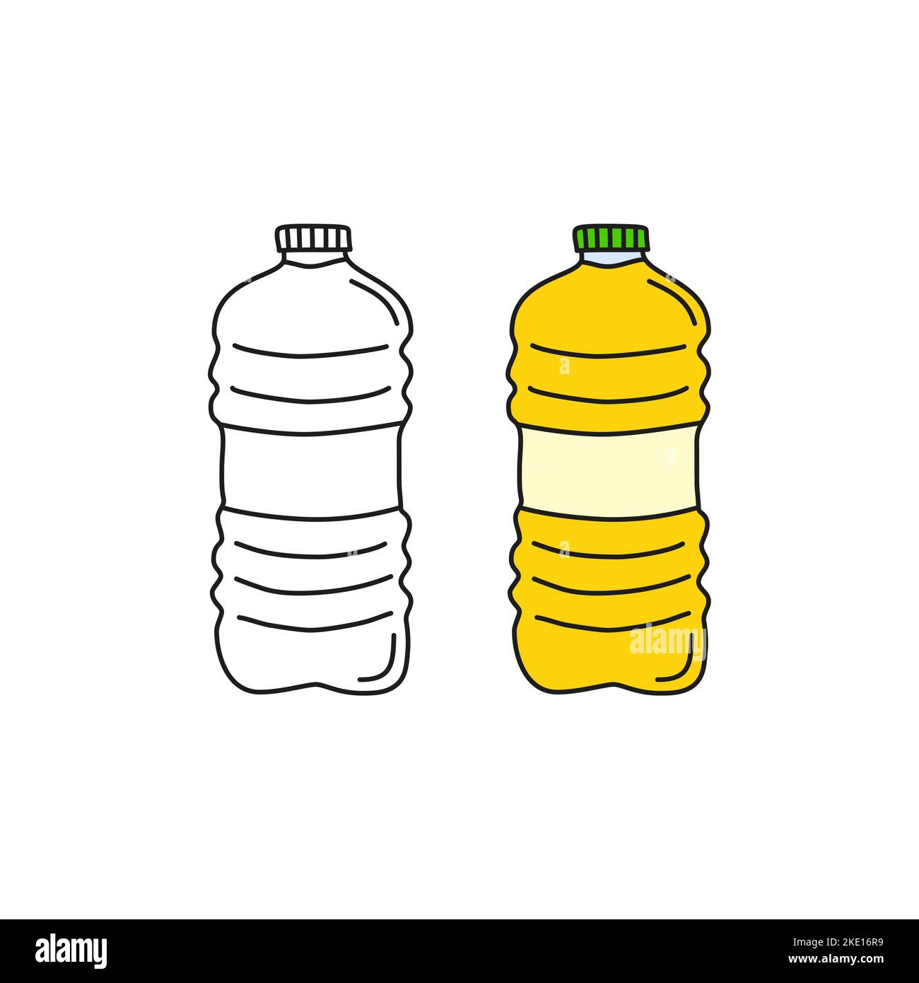 Contorno di Doodle e olio da cucina colorato in bottiglia di plastica isolata su sfondo bianco. Illustrazione Vettoriale
