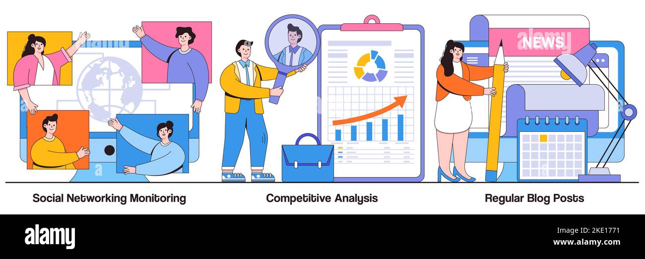 Monitoraggio dei social network, analisi della concorrenza, post regolari di blog con i personaggi. Pacchetto di illustrazioni vettoriali per marketing e PR. Marchio Illustrazione Vettoriale