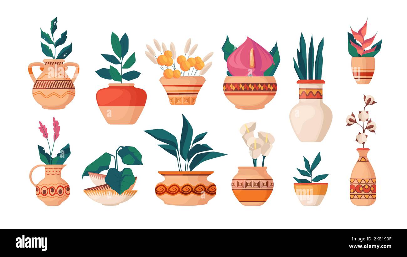 Vasi scandinavi con piante. Gruppo di ceramiche con bouquet di fiori, vasi di argilla cartoni minimal con piante casalinghe fiorite botanica di piante in vaso illustrazione Illustrazione Vettoriale