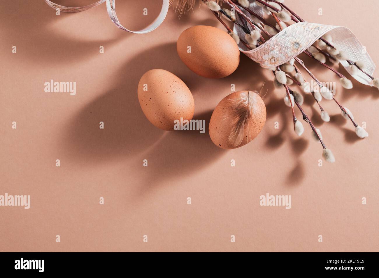 Sfondo pasquale con uova di colore naturale e piume marroni Foto Stock