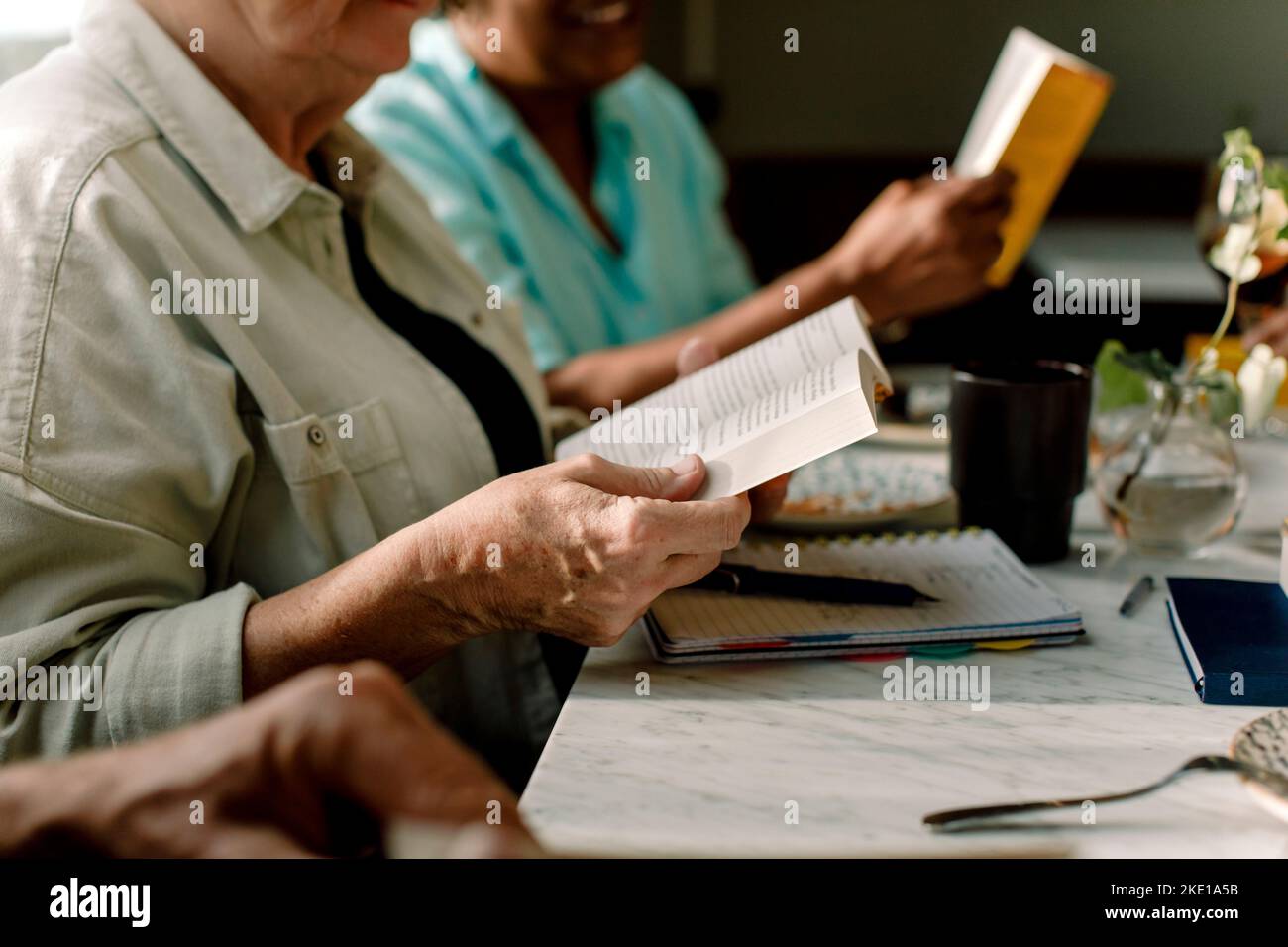 Sezione centrale del libro di lettura della donna anziana mentre seduto da amico femminile in caffè Foto Stock