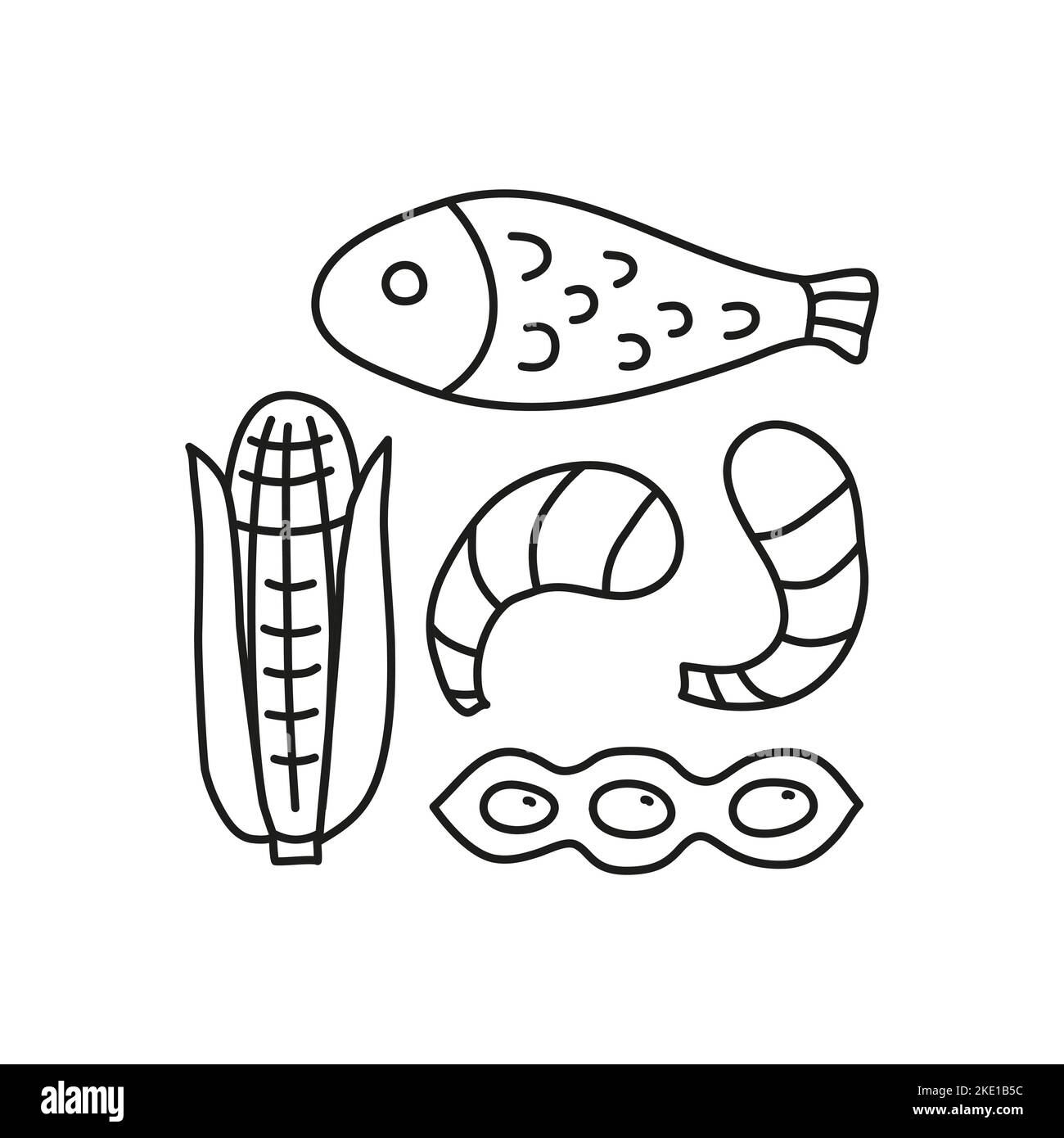 Gruppo di doodle delineano le icone degli allergeni alimentari tra cui mais, pesce, arachidi, gamberetti, fagioli isolati su sfondo bianco. Illustrazione Vettoriale