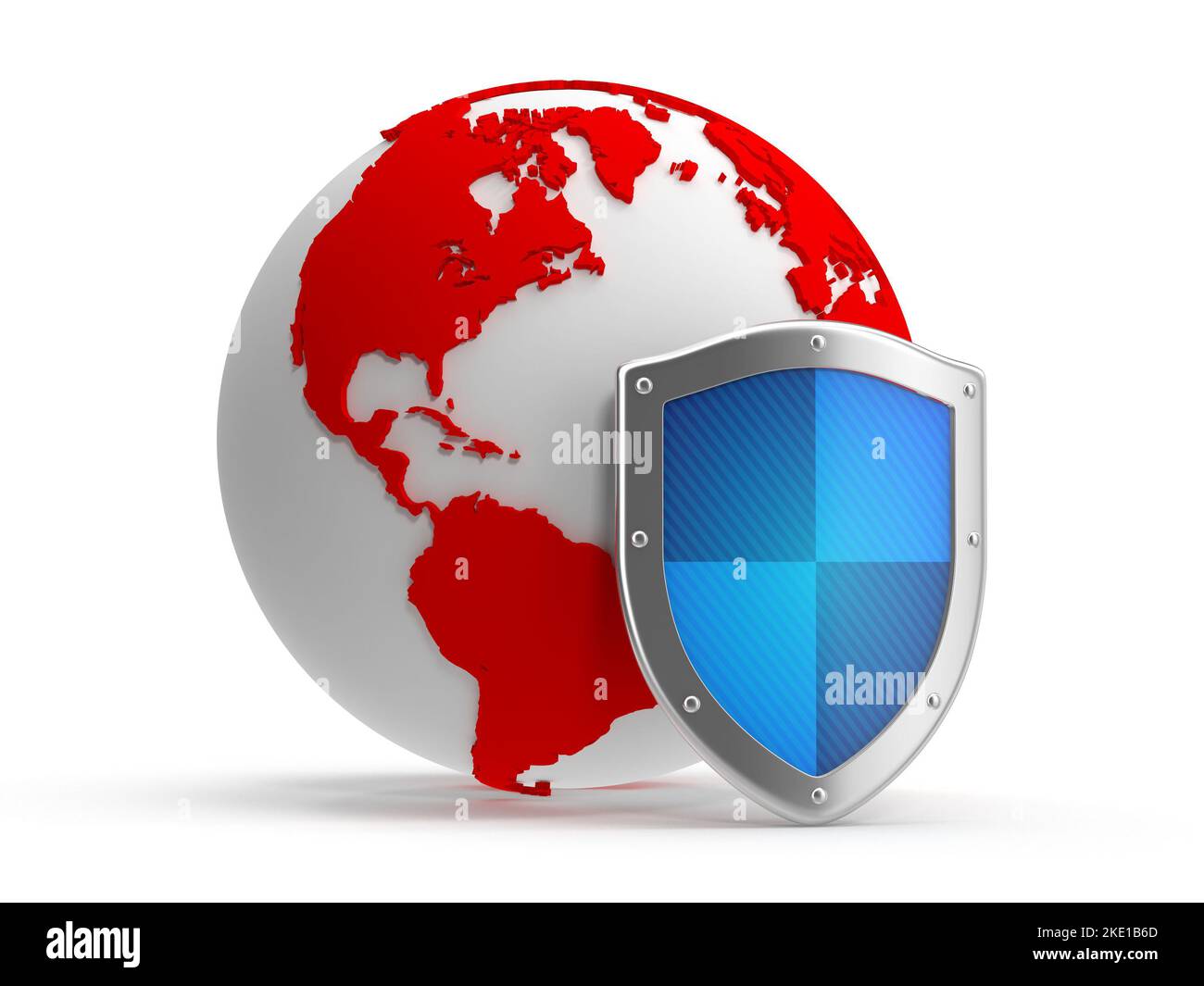 Red World Map e Blue Shield , un'immagine generata dal computer con rendering 3D. Isolato su bianco. Foto Stock