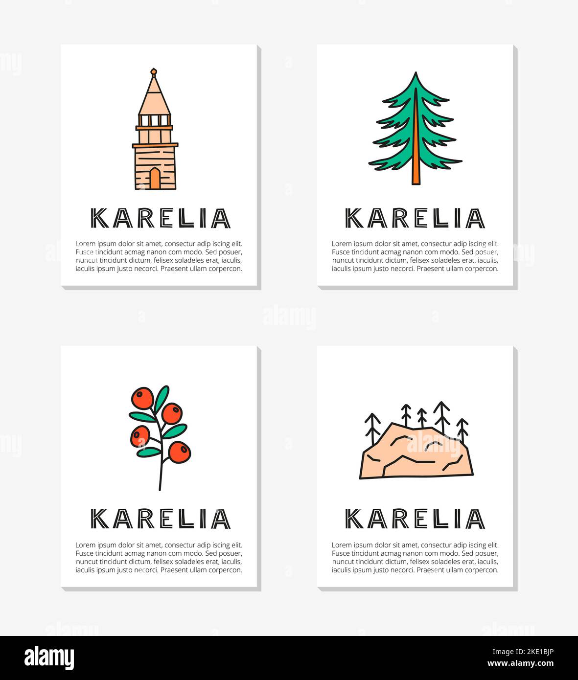 Carte con scritte e doodle colorate Karelia icone tra cui campanile di pino Kizhi, mirtillo, rocce isolate su sfondo bianco. Illustrazione Vettoriale
