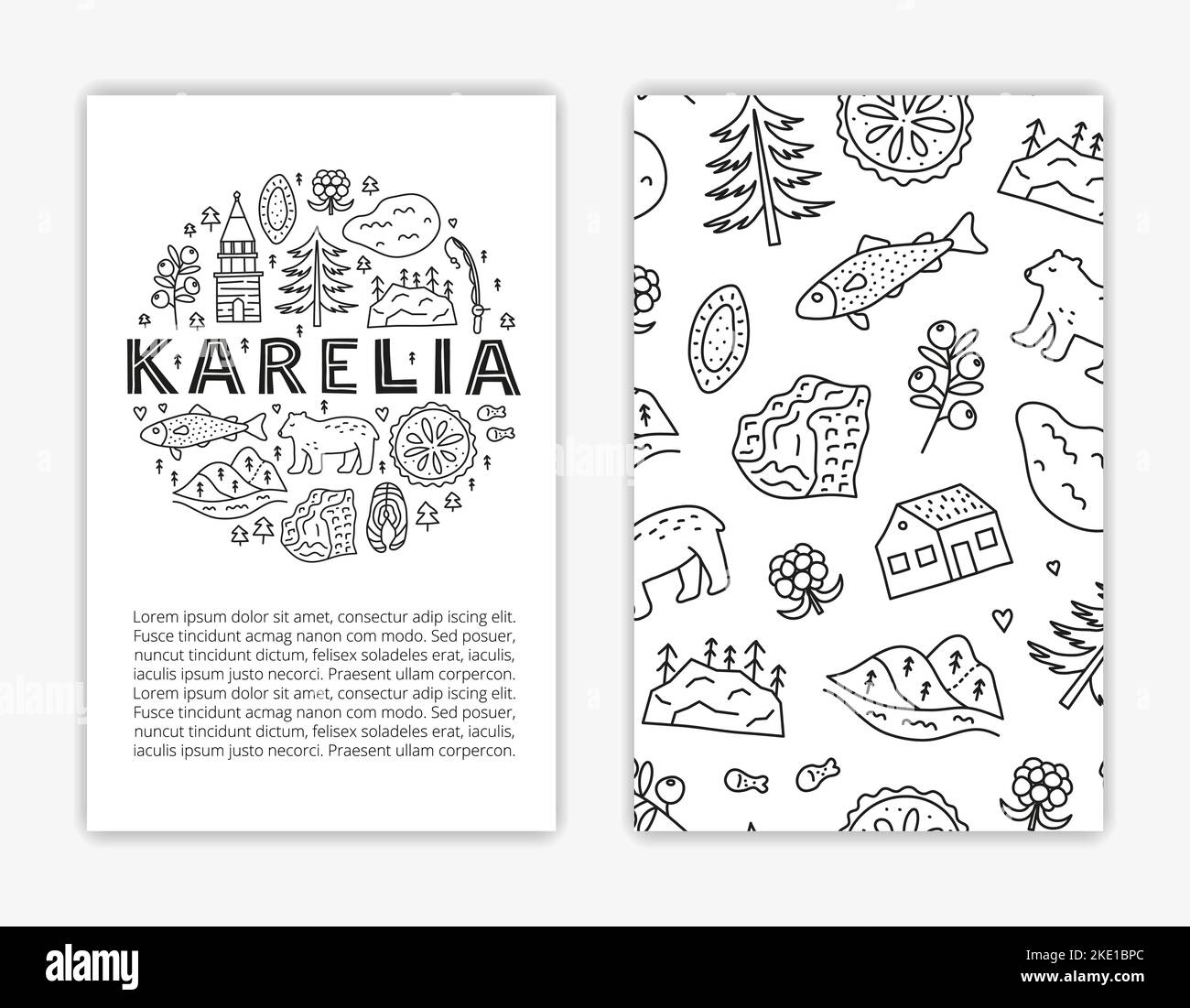 Mascherine per carte con scritte e doodle contorno icone di Karelia tra cui lago, cascata, rocce, campanile di Kizhi, pino, torta, barca, mirtillo rosso, clou Illustrazione Vettoriale