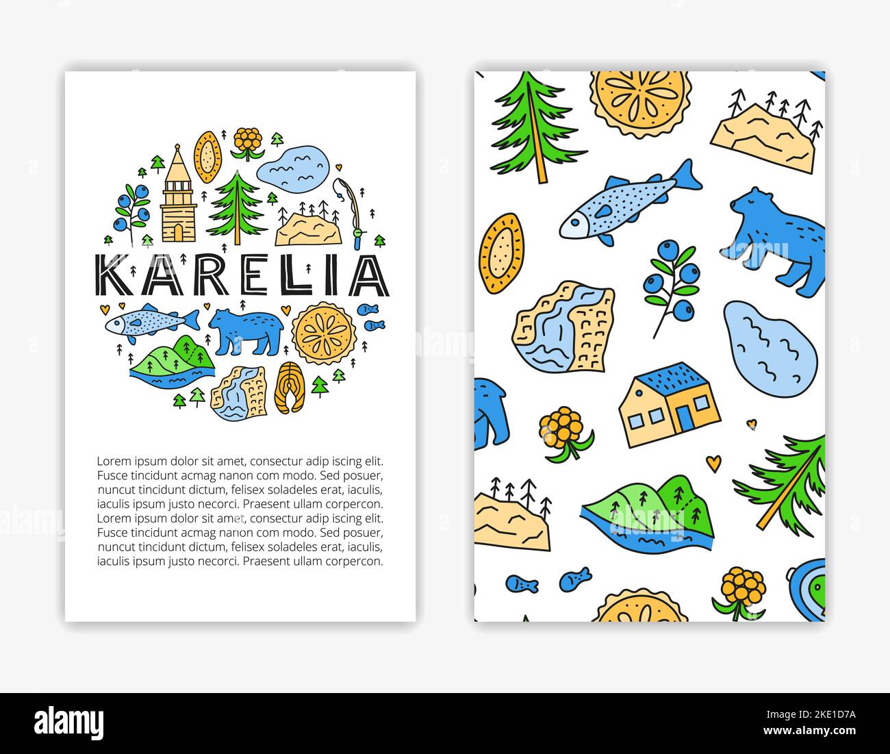 Mascherine per carte con scritte e doodle colorate Karelia icone tra cui lago, cascata, rocce, campanile di Kizhi, pino, torta, barca, mirtillo, clou Illustrazione Vettoriale