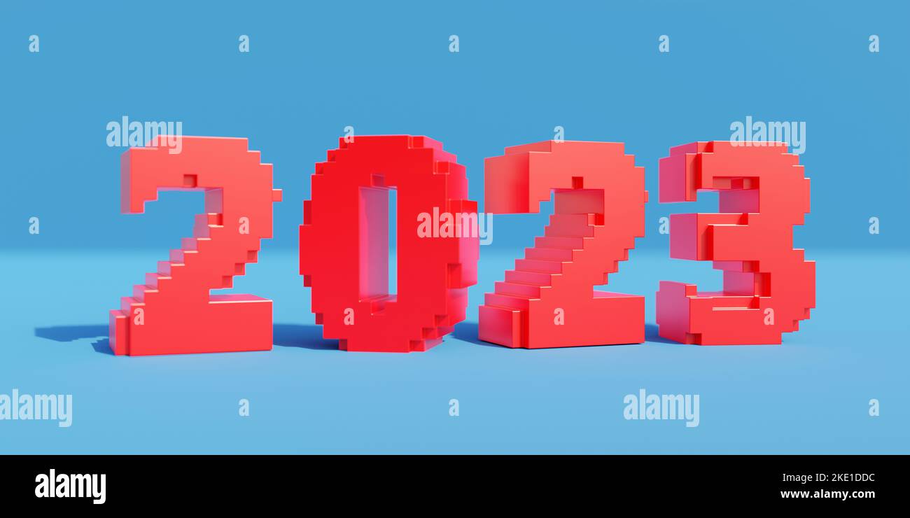 2023 Felice anno nuovo, voxel Art, colore rosso isometrico 2023 numero con ombra su sfondo blu. Stile pixel, biglietto d'auguri digitale. rendering 3d Foto Stock