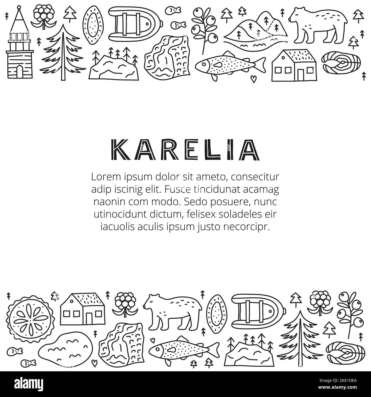 Poster con scritte e scarabeo contorno Karelia icone tra cui lago, cascata, rocce, campanile di Kizhi, pino, torta, barca, mirtillo, lampone, Illustrazione Vettoriale