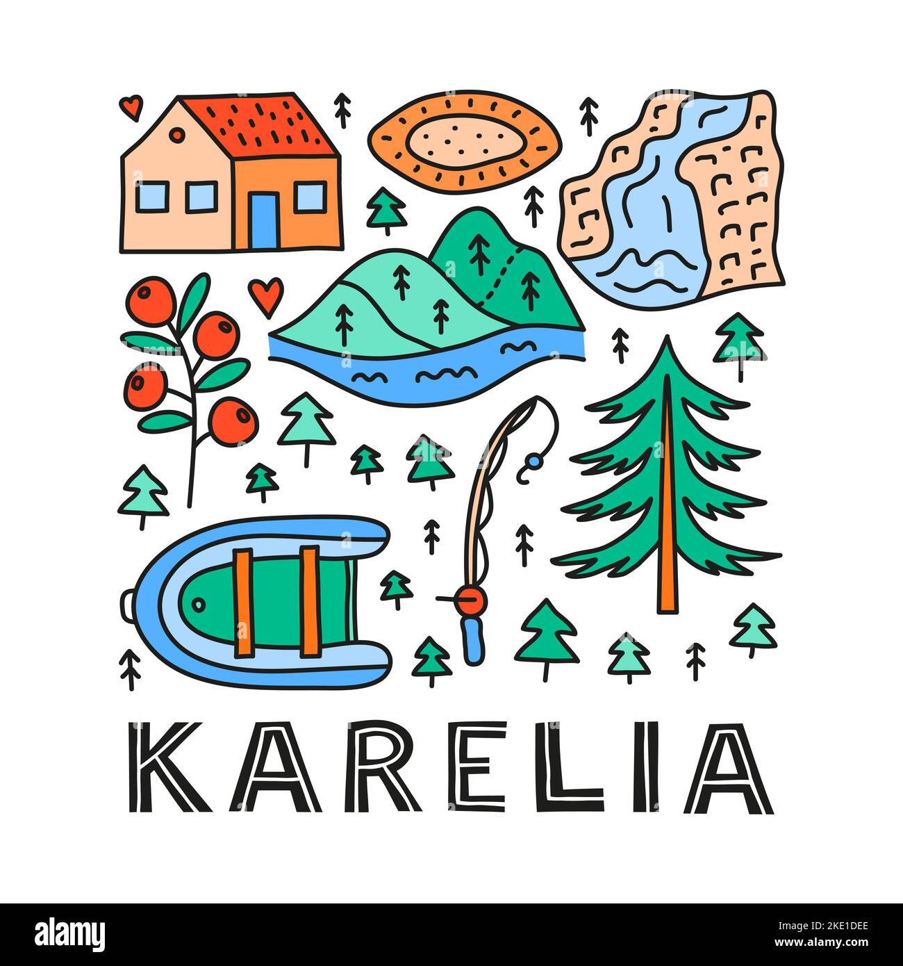 Poster con lettere e doodle colorate Karelia icone tra cui cascata, rocce, pino, torta, barca, cranberry, casa, canna da pesca isolato su bianco ba Illustrazione Vettoriale
