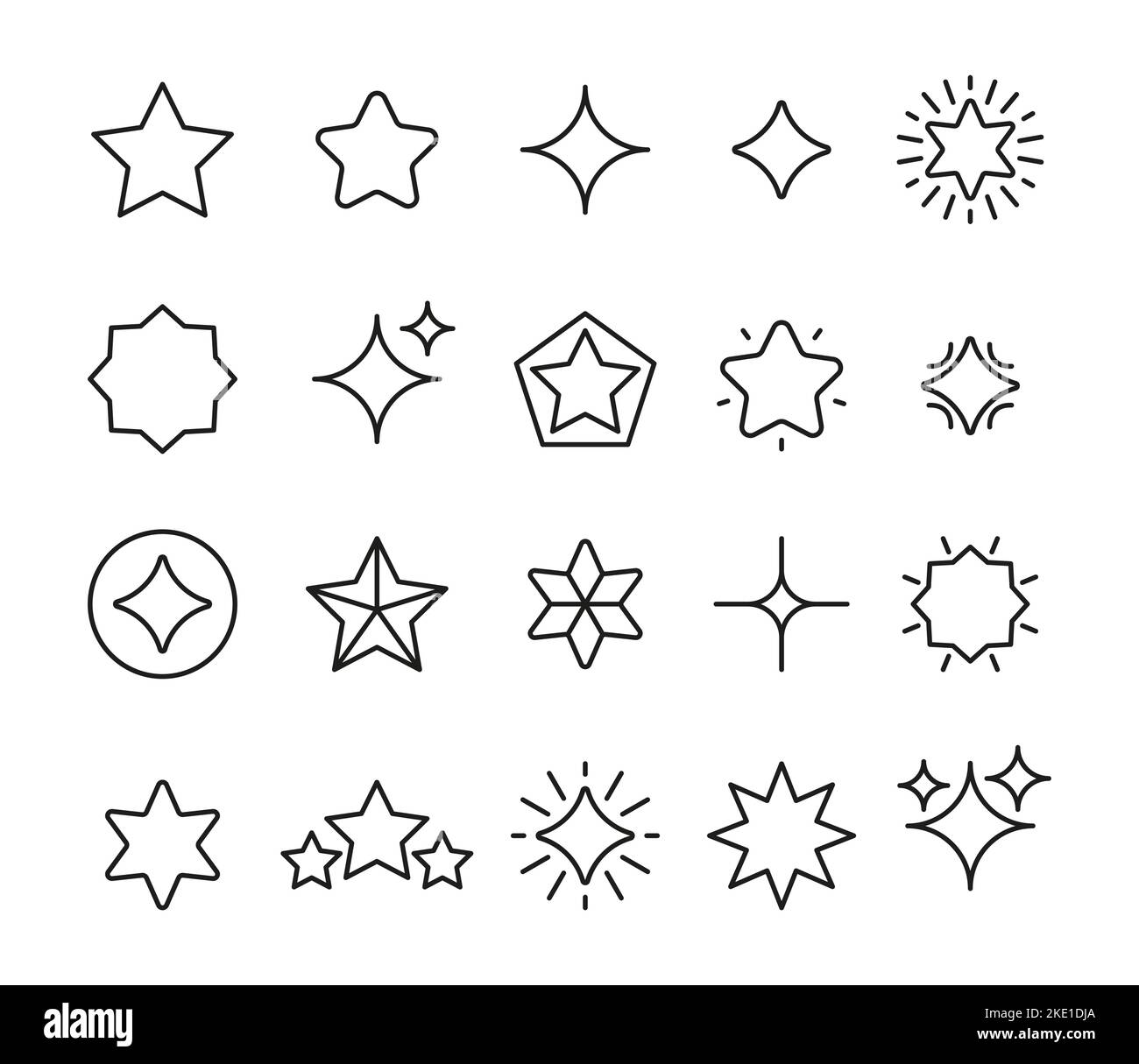 Icone delle linee a stella. Valutazione di alta semplicità pittogrammi delineare stile, astratto brillare caduta volare scintilla simboli diverse forme. Set con isolamento vettoriale Illustrazione Vettoriale