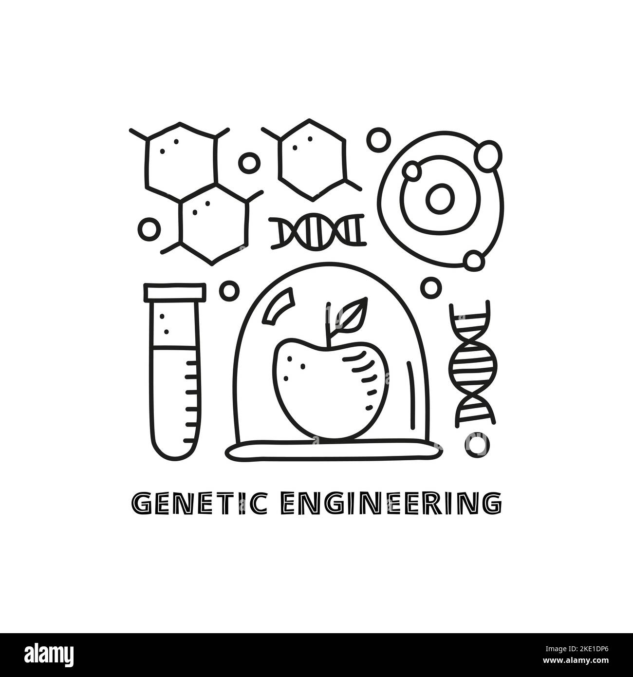 Gruppo di doodle delineano icone di ingegneria genetica tra cui provetta, dna, formula chimica, molecola, mela in vetro e testo isolato su bianco bac Illustrazione Vettoriale