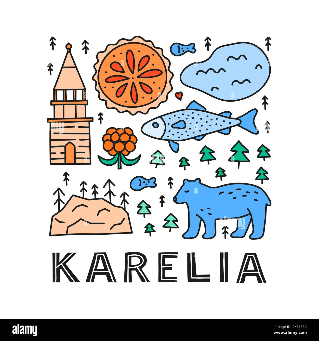 Poster con scritte e doodle colorate Karelia icone tra cui lago, rocce, campanile di Kizhi, pini, torta, bacca, pesce trota, orso isolato o Illustrazione Vettoriale