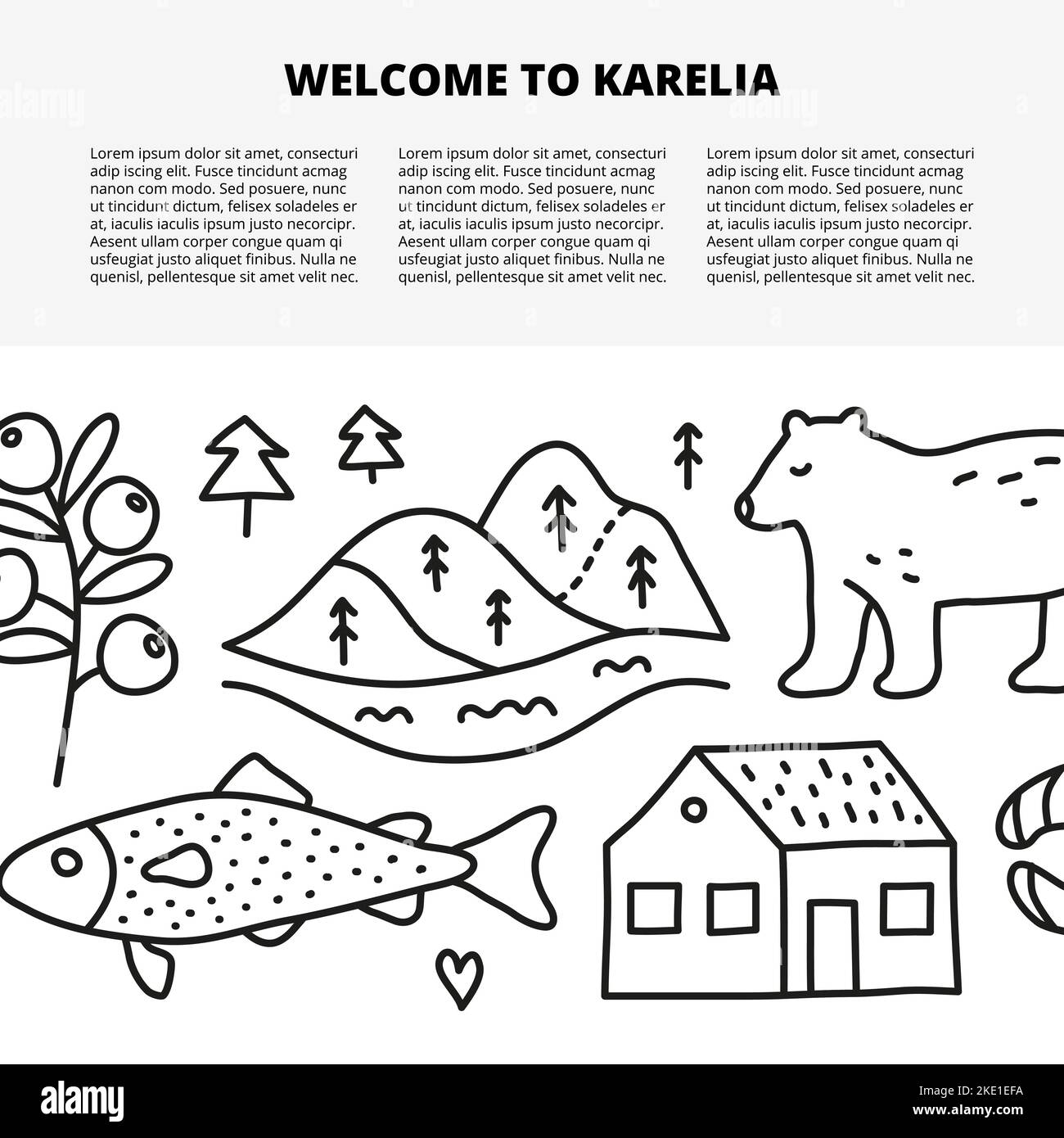 Modello di articolo con spazio per il testo e il contorno del doodle icone di Karelia compreso mirtillo rosso, fiume, colline, pesci di trota, orso isolato su sfondo bianco Illustrazione Vettoriale